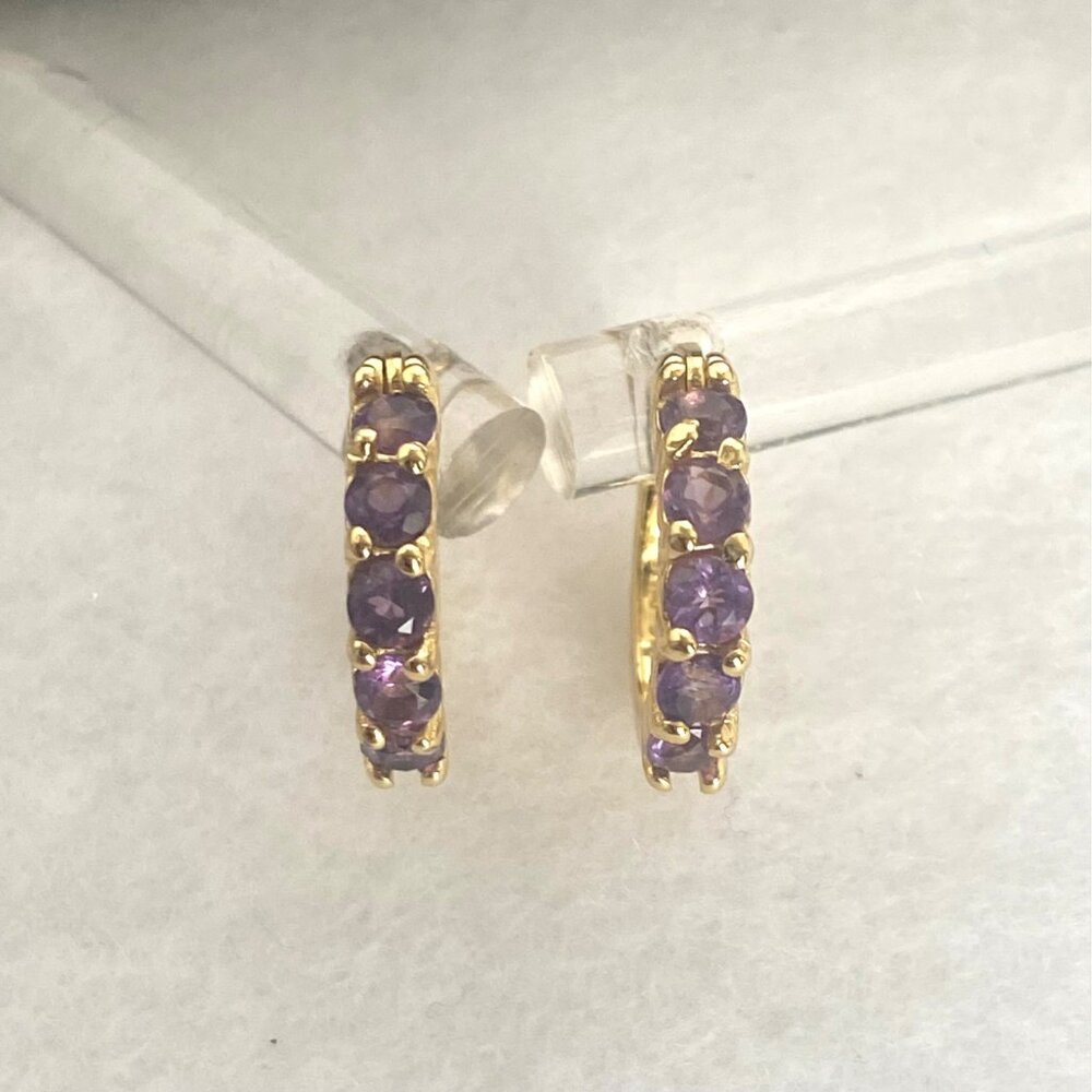 Gold Vermeil Sterling Silver 925 DBJ Round Amethyst Small Huggie Hoop Earrings - Picture 12 of 16